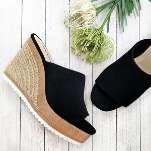 New Black Espadrille Platform Wedge Slide Sandals